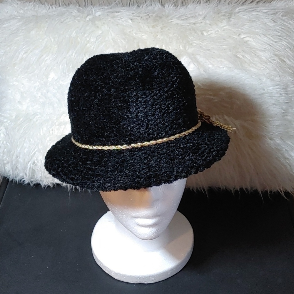 Vintage Eaton Trilby Black with Gold Cord Chenille Hat